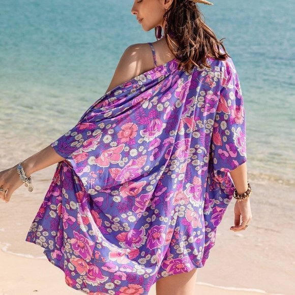 Purple Boho Womens Allover Floral Print Crop Top & Shorts & Open Front Kimono - Picture 2 of 5
